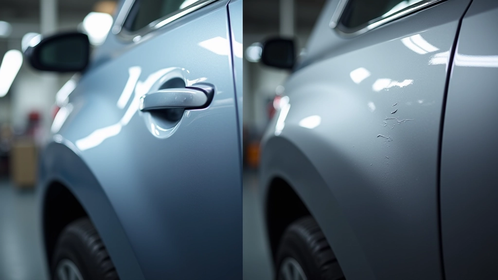 Before and after comparison showing hail dent damage repaired using paintless dent removal technique
