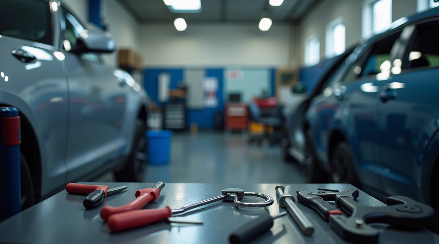 Professional automotive repair workspace with precision tools and equipment