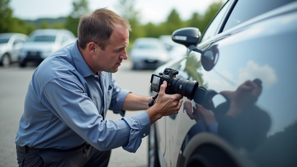 Insurance adjuster documenting car hail damage with professional camera and assessment tools