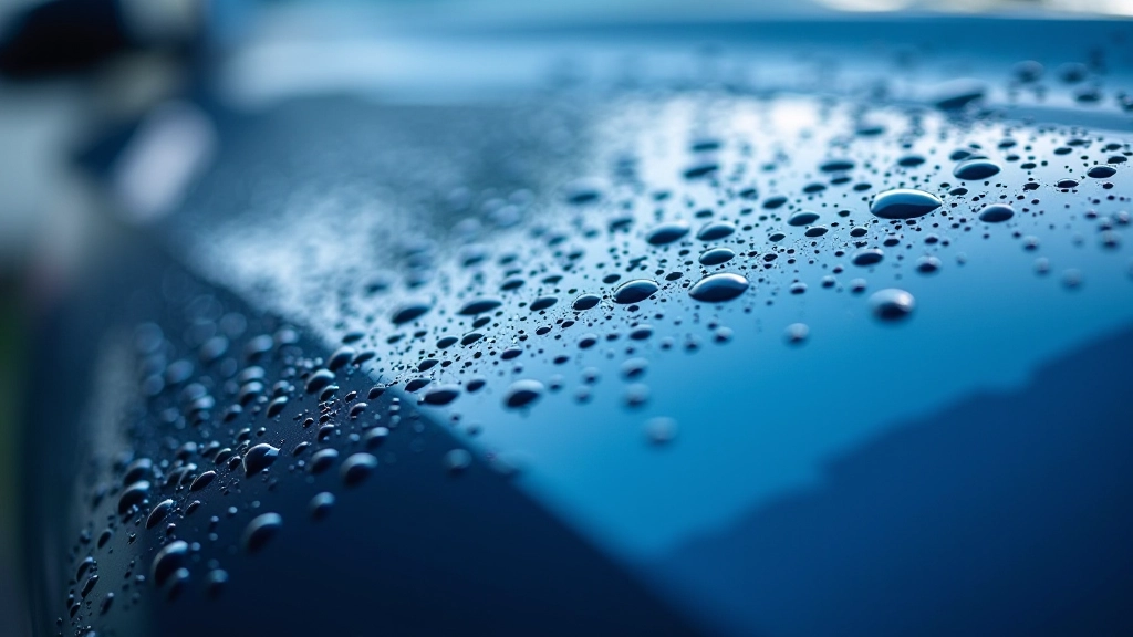 Water droplets beading and rolling off a freshly coated car surface showing effective hydrophobic protection