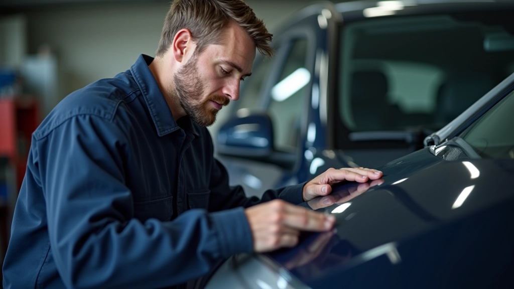 Mechanic examining car hood for hail damage using careful inspection technique, professional workshop setting with good lighting