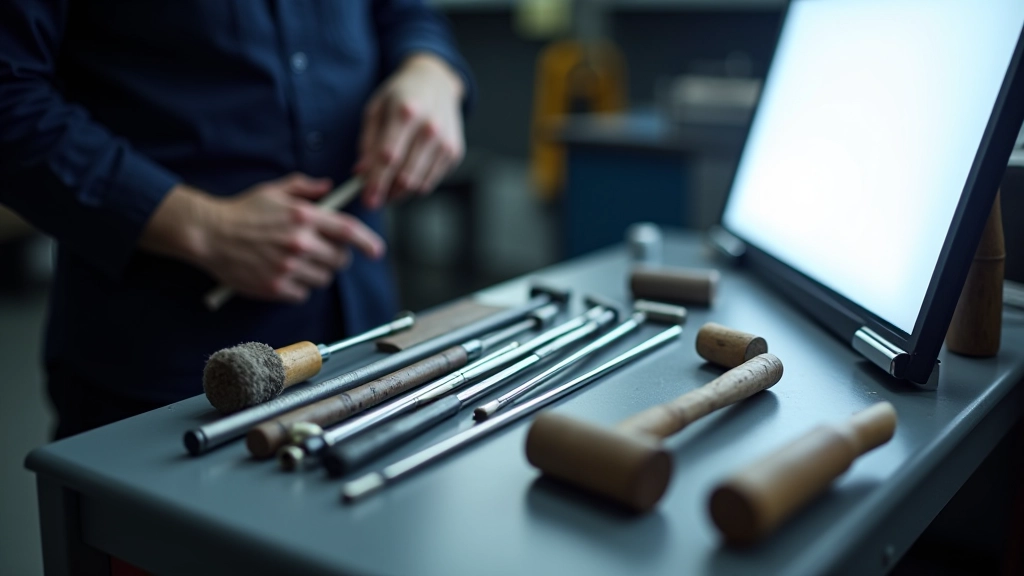 Professional PDR tools including specialized metal rods, knockdown mallets, light reflector board, and glue puller system arranged on workbench