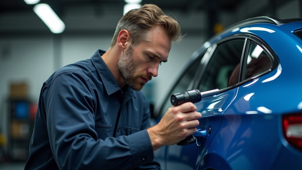 Technician using specialized PDR tools on vehicle panel with professional lighting setup