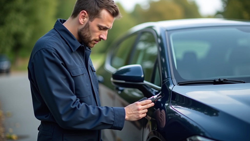 Mobile repair technician assessing car panel damage