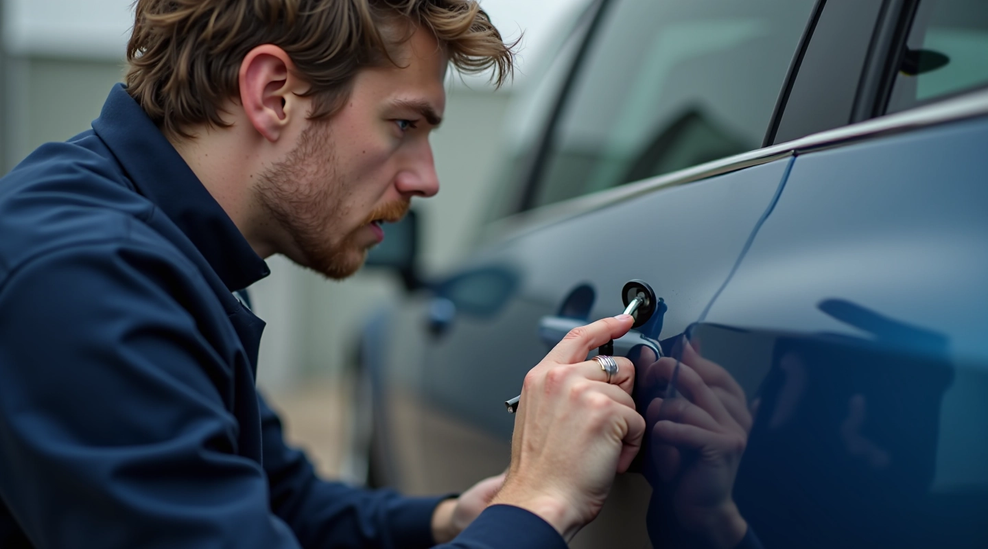 Professional technician using PDR tools on vehicle dent, specialized metal rod and knockdown technique in action