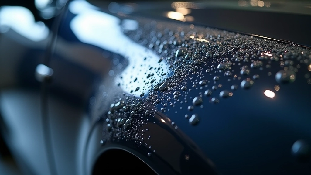 Car paint surface with protective coating application showing glossy finish
